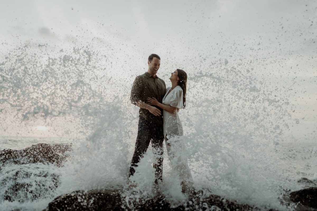 Natural engagement photoshoot capturing the connection between a newly engaged couple.